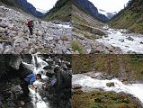 
The trail traverses up and down alongside the Barun Khola until it reaches an open landslide area in another 35 minutes. It took 40 minutes to cross this long landslide area just above the Barun Khola, with lots of boulder hopping and streams to jump across. Beyond the landslides, the valley widens and the forest gives way to rolling alpine meadows.
